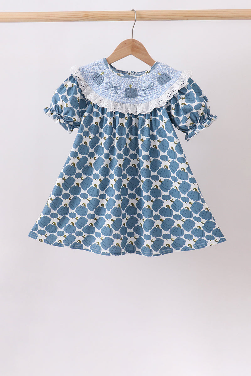 Blue pumpkin bow smocked lace dress - Aaria Tees Aaria Tees