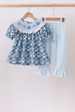 Blue pumpkin bow smocked lace ruffle pants set - Aaria Tees Aaria Tees