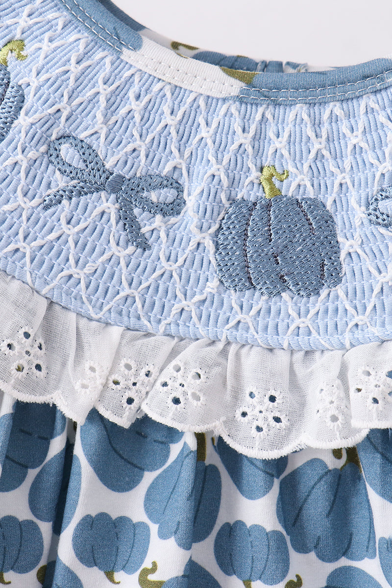 Blue pumpkin bow smocked lace ruffle pants set - Aaria Tees Aaria Tees