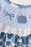 Blue pumpkin bow smocked lace ruffle pants set - Aaria Tees Aaria Tees