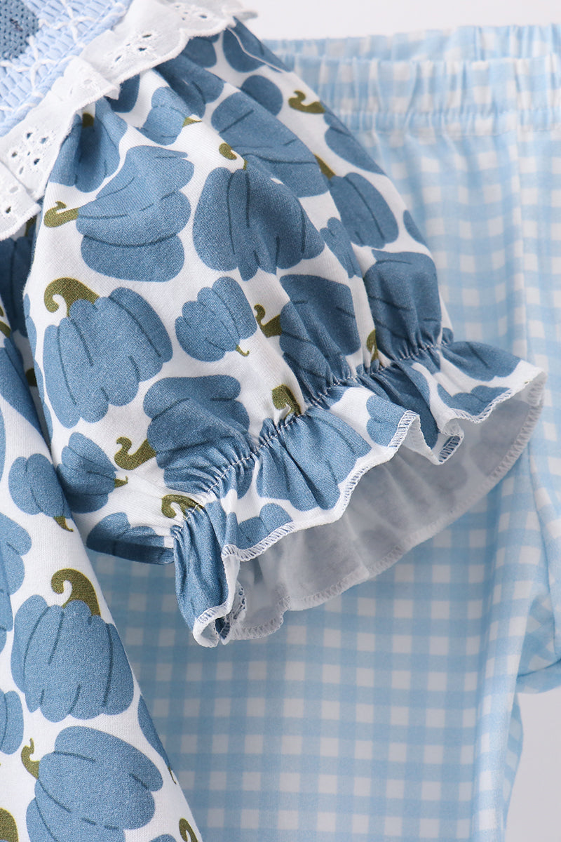 Blue pumpkin bow smocked lace ruffle pants set - Aaria Tees Aaria Tees
