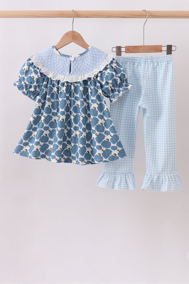 Blue pumpkin bow smocked lace ruffle pants set - Aaria Tees Aaria Tees