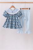 Blue pumpkin bow smocked lace ruffle pants set - Aaria Tees Aaria Tees