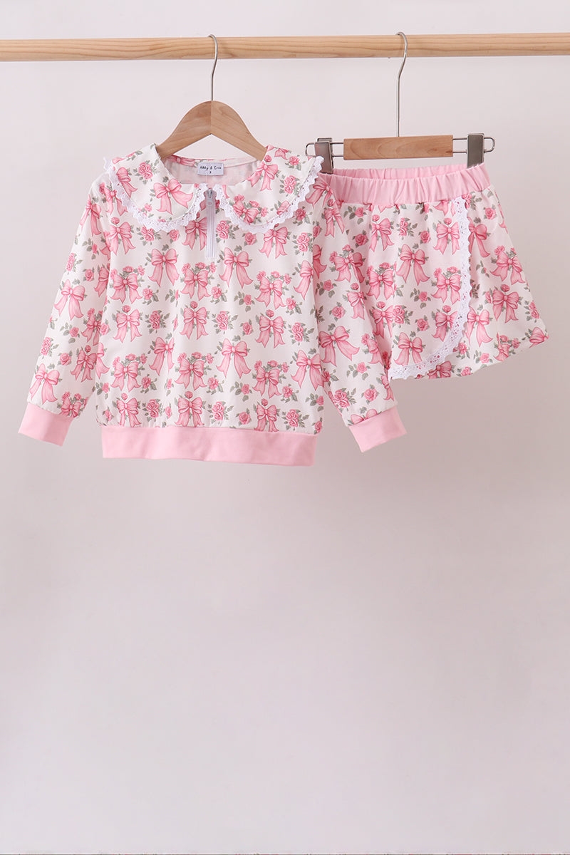 Pink Floral Bow Lace Skorts Set - Aaria Tees Aaria Tees