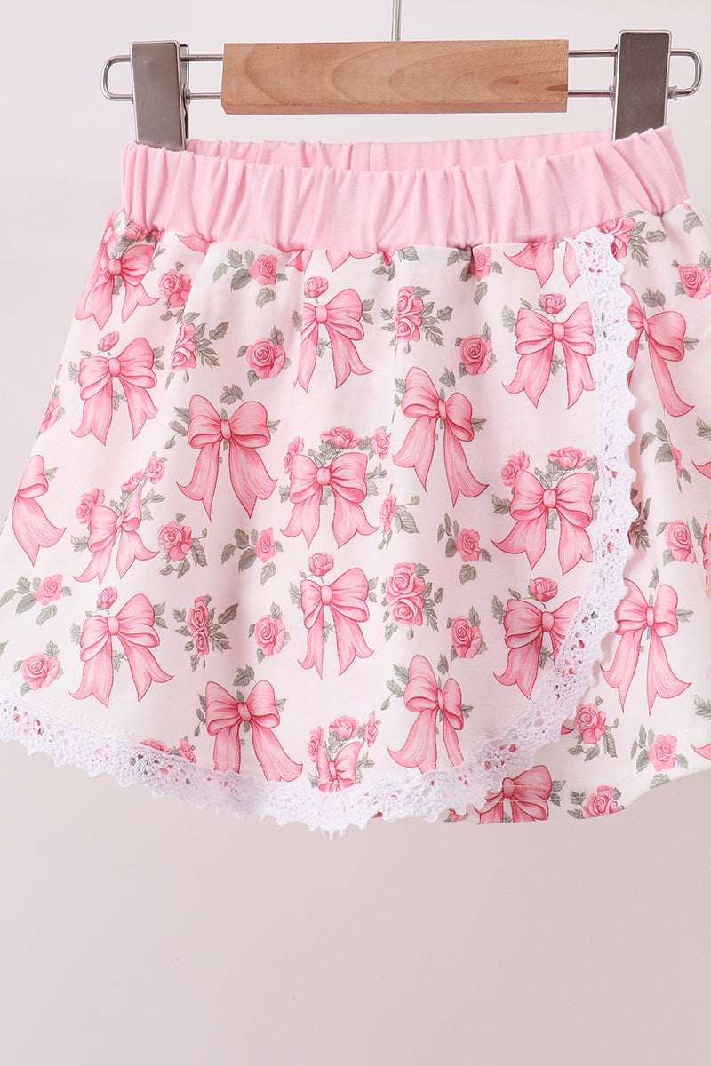 Pink Floral Bow Lace Skorts Set - Aaria Tees Aaria Tees