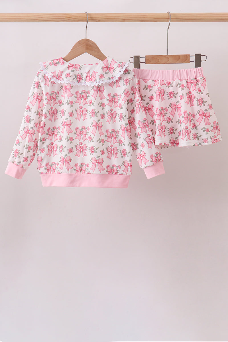 Pink Floral Bow Lace Skorts Set - Aaria Tees Aaria Tees