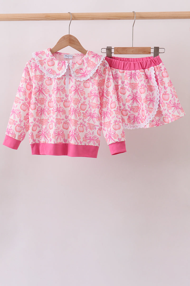 Pink Pumpkin Bow Lace Skorts Set - Aaria Tees