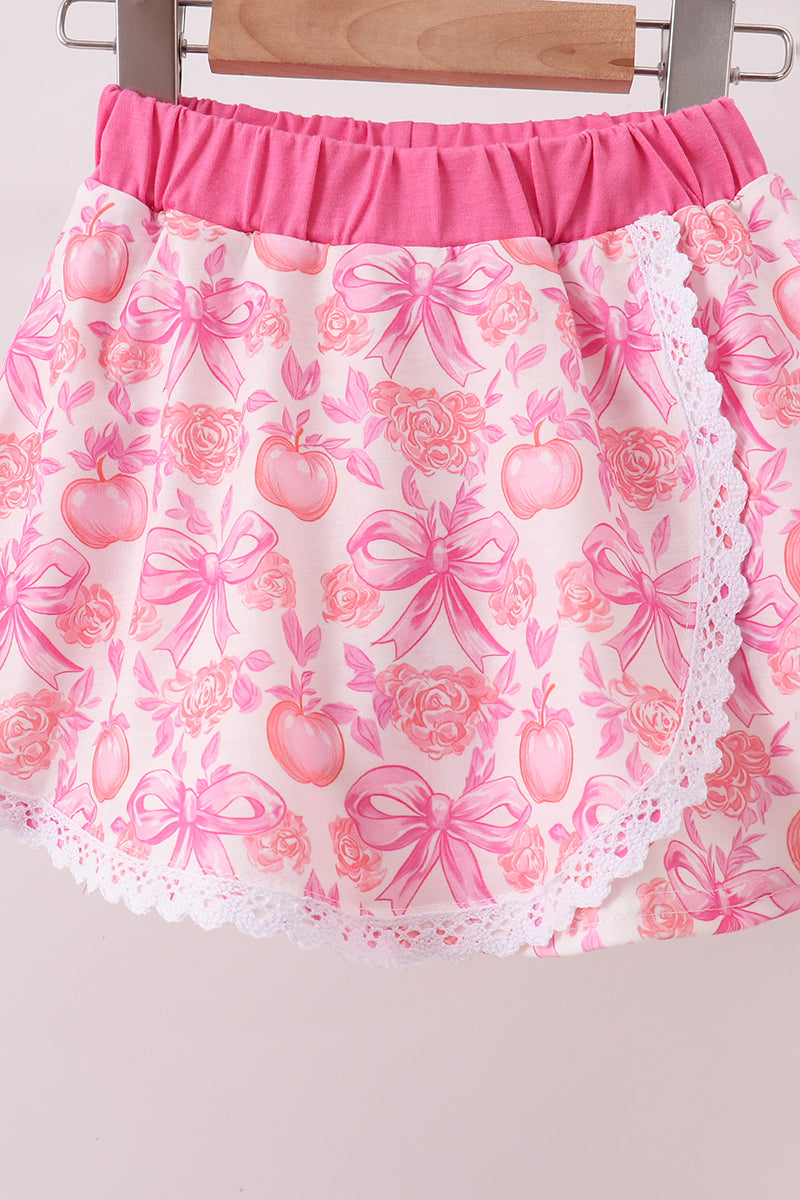 Pink Pumpkin Bow Lace Skorts Set - Aaria Tees Aaria Tees