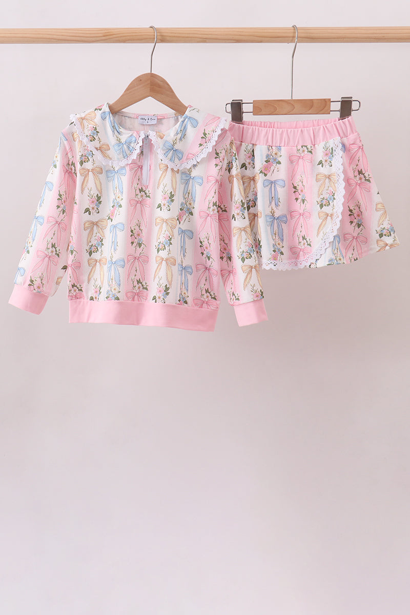 Pink Bow Floral Lace Skorts Set - Aaria Tees Aaria Tees
