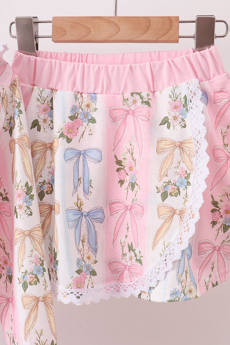 Pink Bow Floral Lace Skorts Set - Aaria Tees Aaria Tees