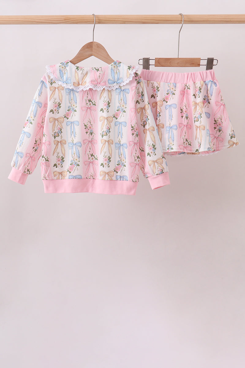 Pink Bow Floral Lace Skorts Set - Aaria Tees Aaria Tees