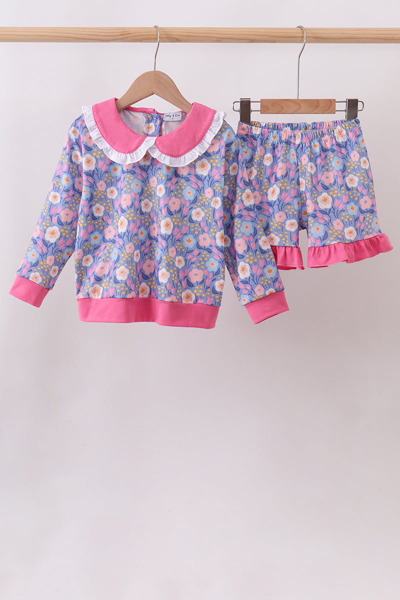 Purple Floral Ruffle Shorts Set - Aaria Tees