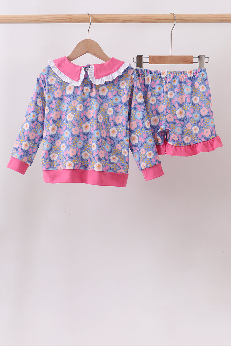 Purple Floral Ruffle Shorts Set - Aaria Tees Aaria Tees