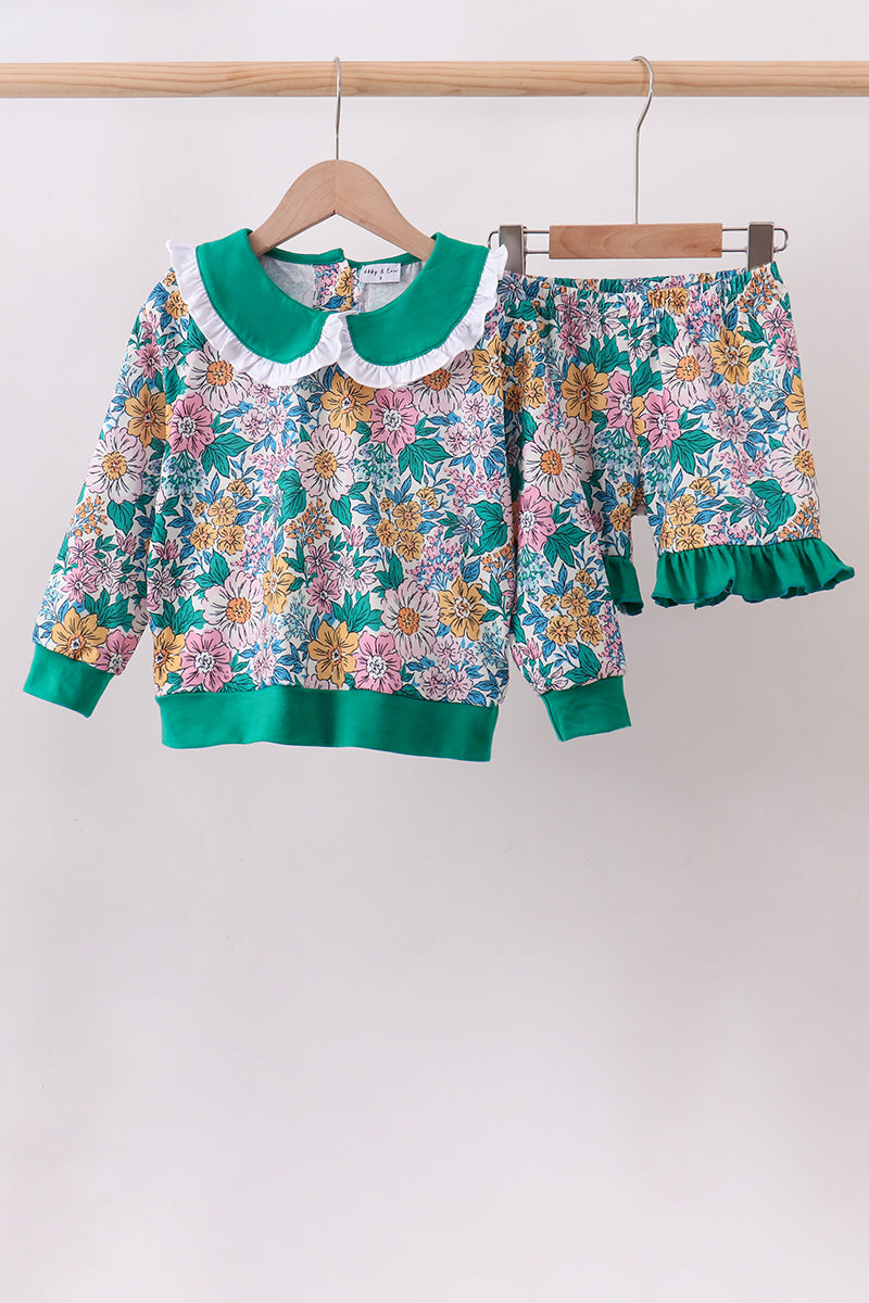 Green Floral Ruffle Shorts Set - Aaria Tees