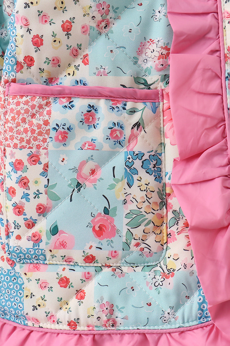 Pink Patchwork Floral Ruffle Jacket - Aaria Tees Aaria Tees