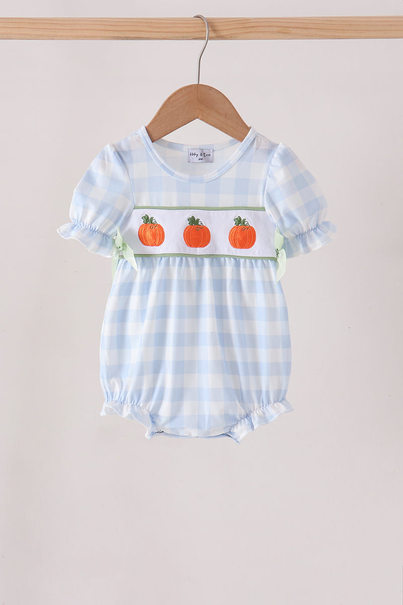 Blue Pumpkin Embroidery Gingham Bubble - Aaria Tees