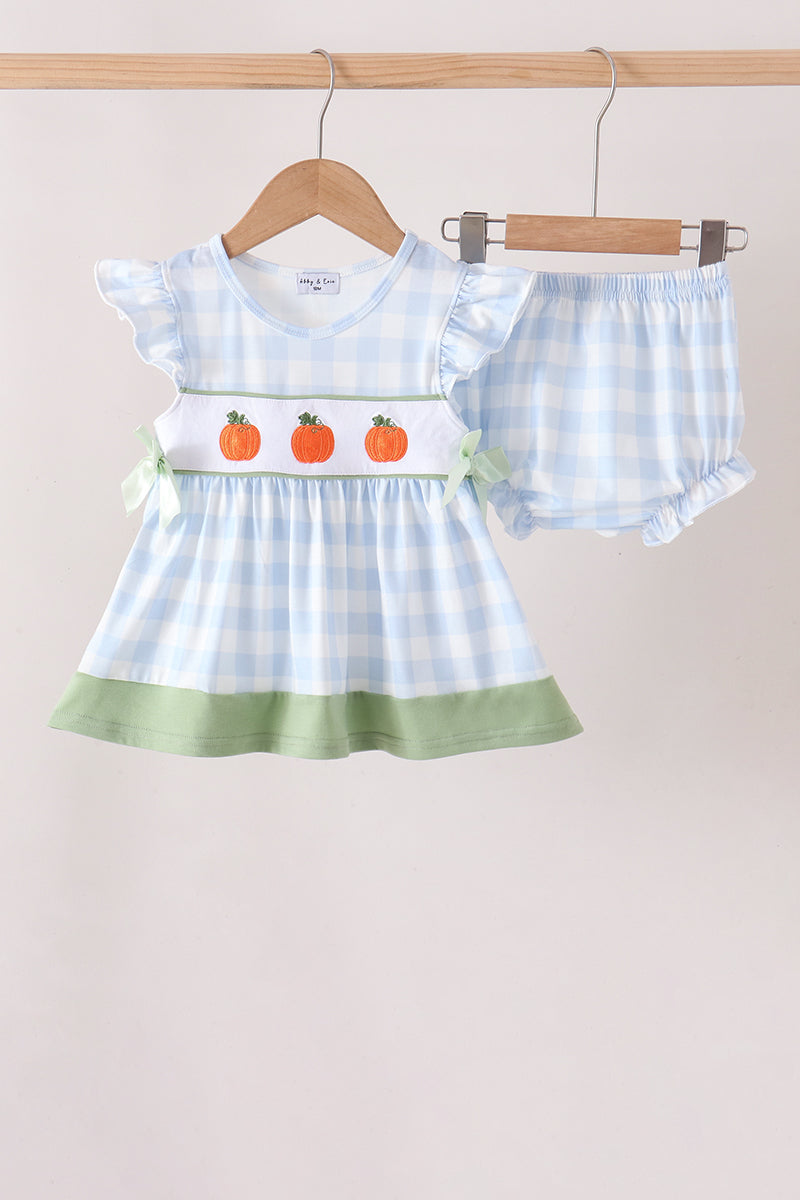 Blue Pumpkin Embroidery Gingham Bloomer set - Aaria Tees