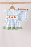Blue Pumpkin Embroidery Gingham Bloomer set - Aaria Tees Aaria Tees