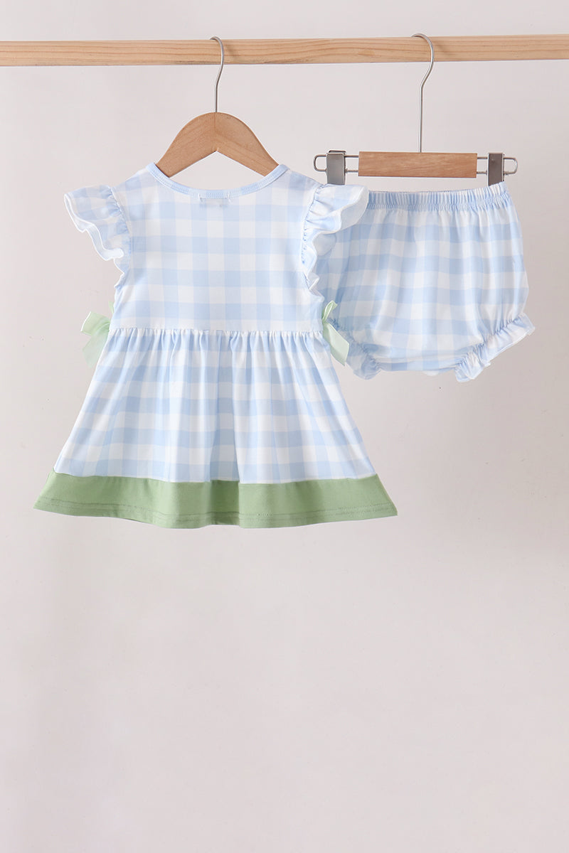 Blue Pumpkin Embroidery Gingham Bloomer set - Aaria Tees Aaria Tees