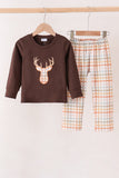Brown deer applique plaid pants set Aaria Tees