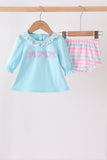 Blue bow french knot ruffle plaid bloomer set - Aaria Tees Aaria Tees