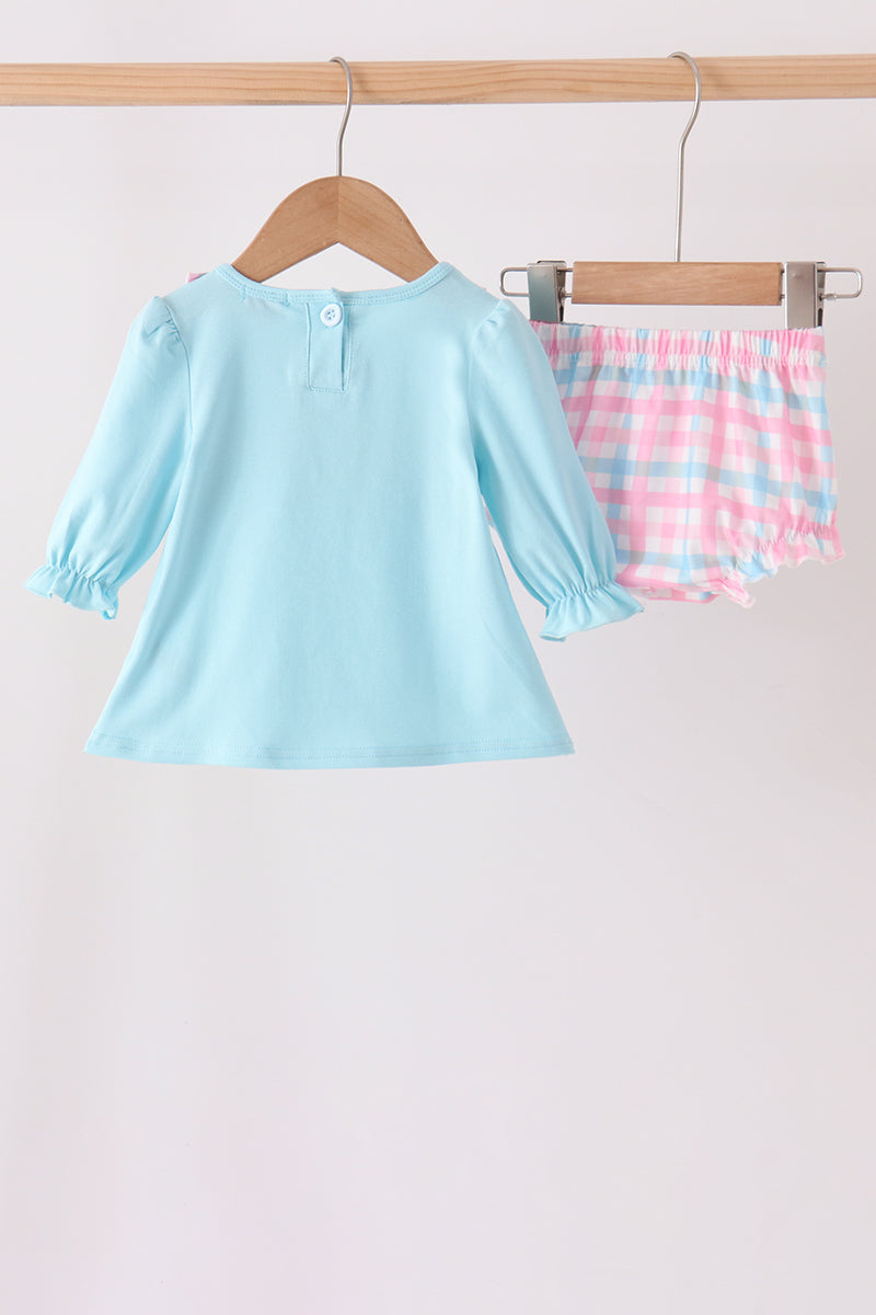 Blue bow french knot ruffle plaid bloomer set - Aaria Tees Aaria Tees