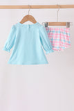 Blue bow french knot ruffle plaid bloomer set - Aaria Tees Aaria Tees