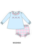 Blue bow french knot ruffle plaid bloomer set Aaria Tees