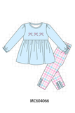 Blue bow french knot plaid pants set Aaria Tees