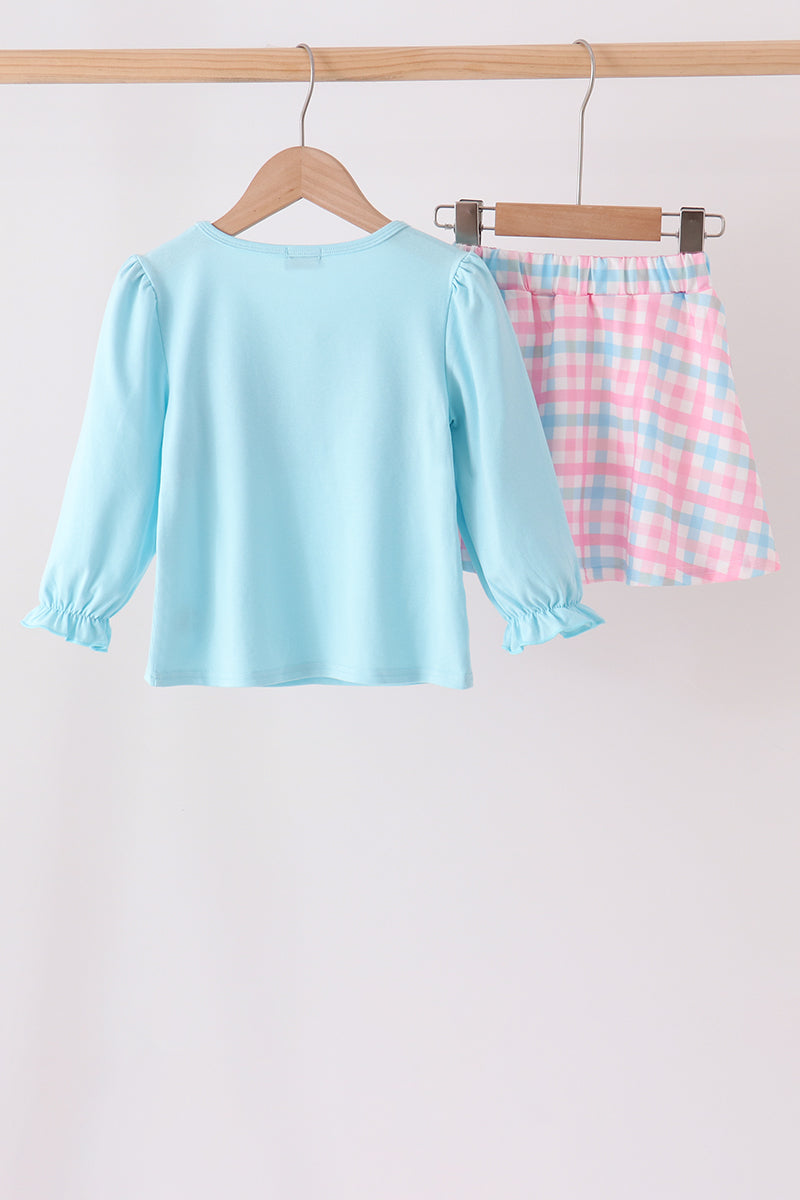 Blue bow french knot plaid skorts set - Aaria Tees Aaria Tees