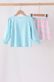 Blue bow french knot plaid skorts set - Aaria Tees Aaria Tees