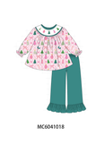 Pink Christmas Tree Embroidery Ruffle Pants Set Aaria Tees