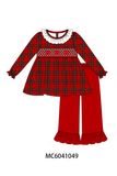 Red Plaid Bow Smocked Ruffle Pants Set Aaria Tees