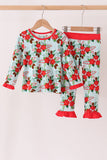 Red Floral Ruffle Bamboo Pajama Set Aaria Tees