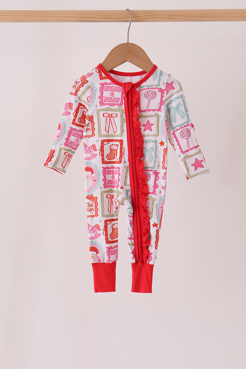 Red Santa Carousel Bamboo Romper
