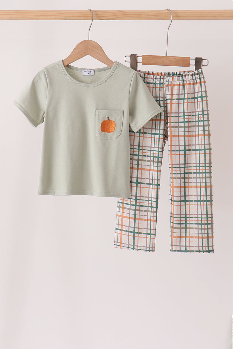 Sage Pumpkin Embroidery Plaid pants set - Aaria Tees Aaria Tees