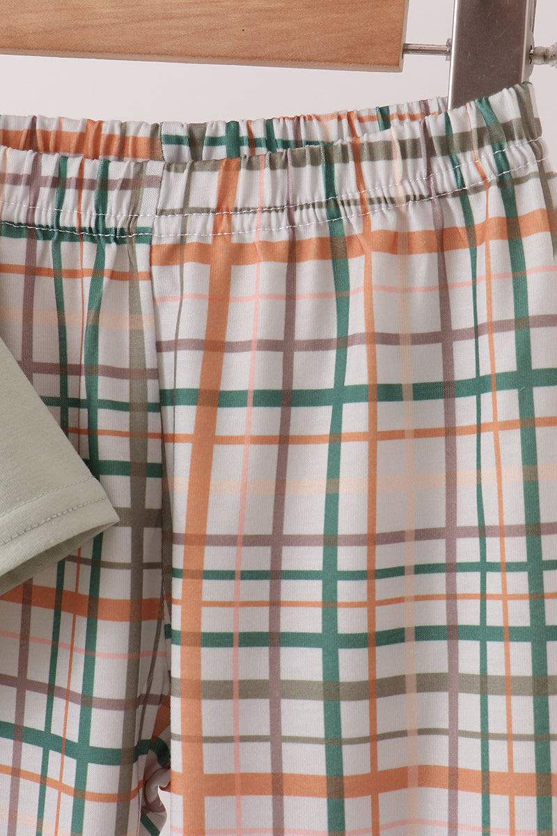 Sage Pumpkin Embroidery Plaid pants set - Aaria Tees Aaria Tees