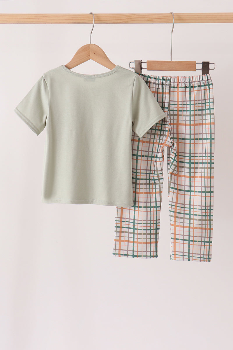 Sage Pumpkin Embroidery Plaid pants set - Aaria Tees Aaria Tees