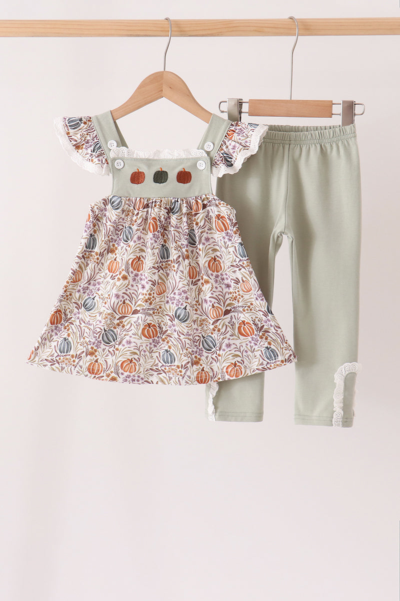 Pumpkin Embroidery Lace Ruffle pants set - Aaria Tees Aaria Tees