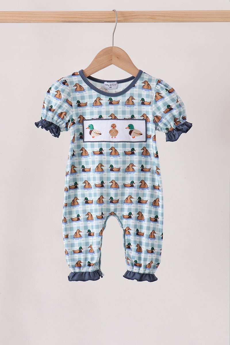 Blue mallard duck embroidery ruffle romper - Aaria Tees Aaria Tees