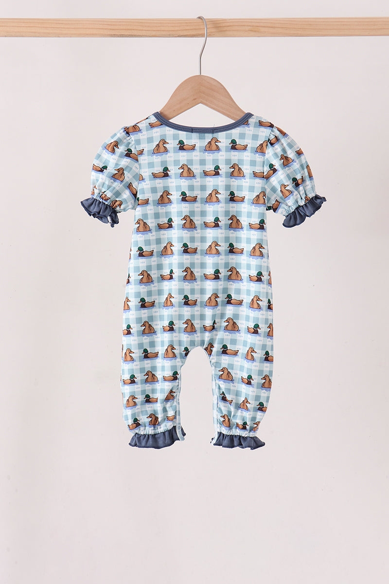 Blue mallard duck embroidery ruffle romper - Aaria Tees Aaria Tees