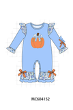 Blue pumpkin applique ruffle romper Aaria Tees