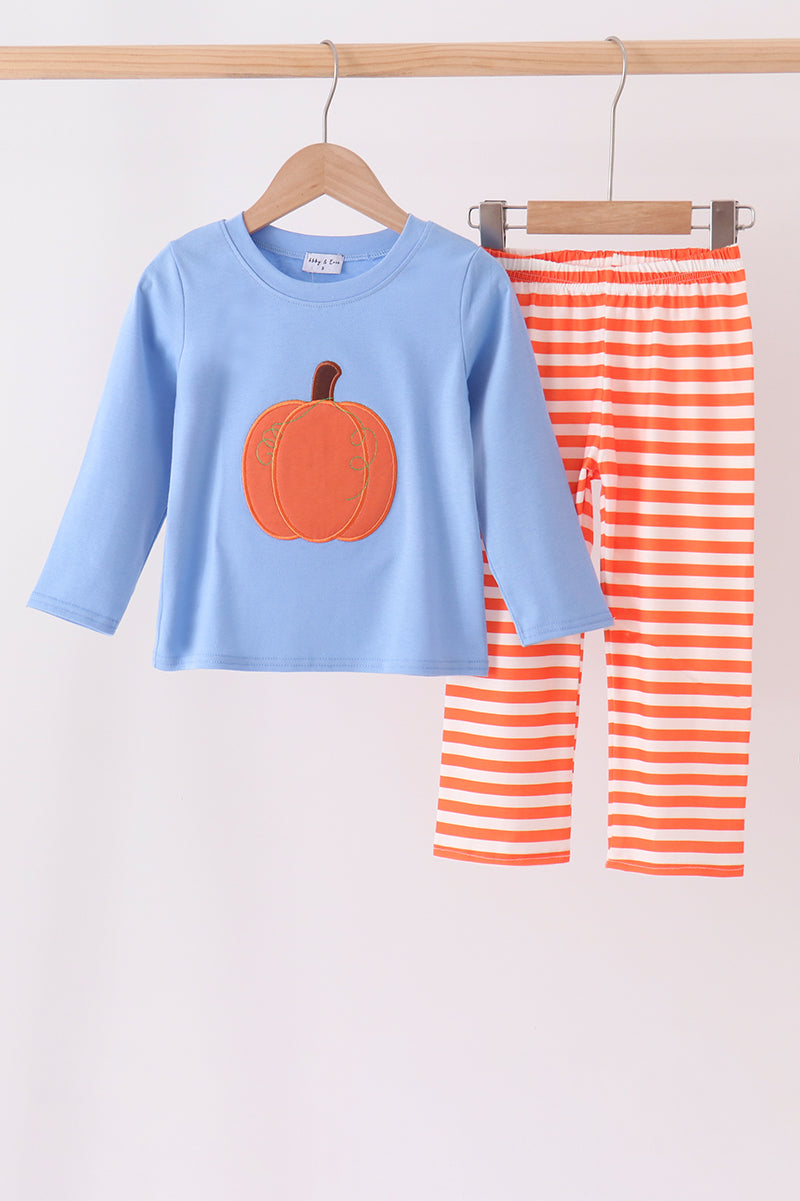 Blue pumpkin applique stripe pants set - Aaria Tees