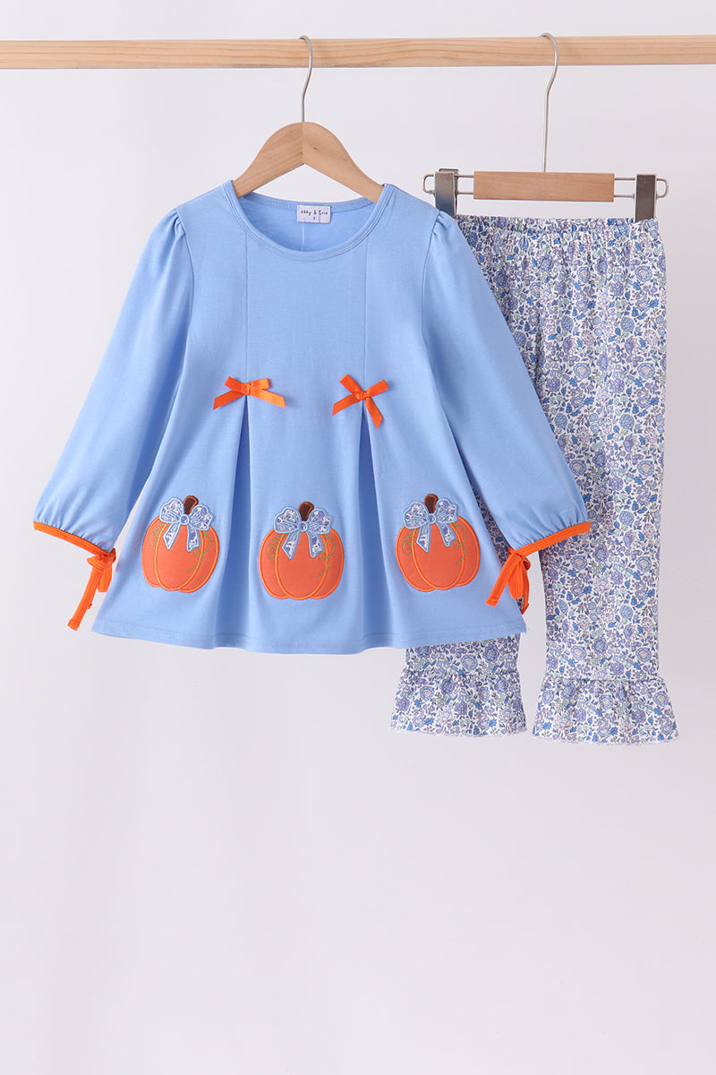 Blue pumpkin applique ruffle pants set - Aaria Tees