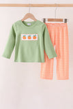 Sage pumpkin embroidery gingham pants set Aaria Tees