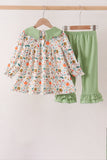 Sage pumpkin embroidery leaves ruffle pants set Aaria Tees