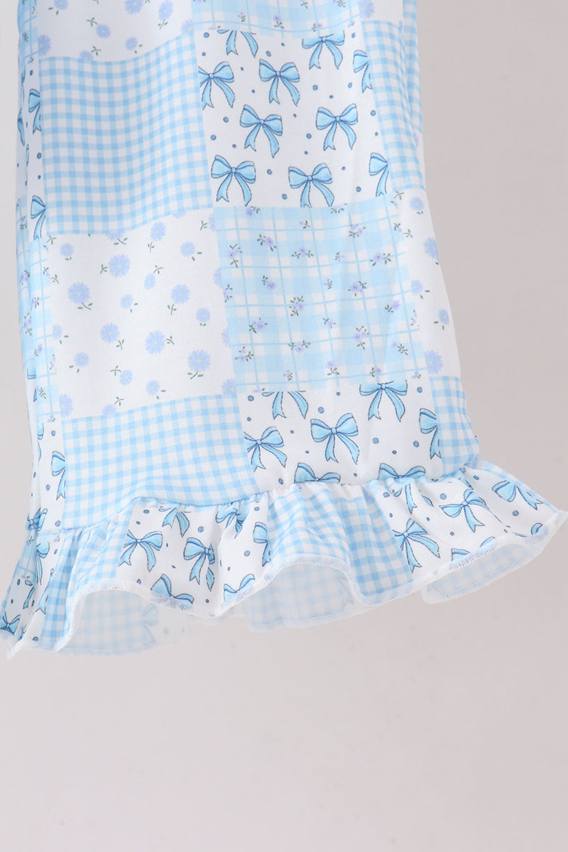 Blue floral bow checkered mom&me pants set - Aaria Tees Aaria Tees