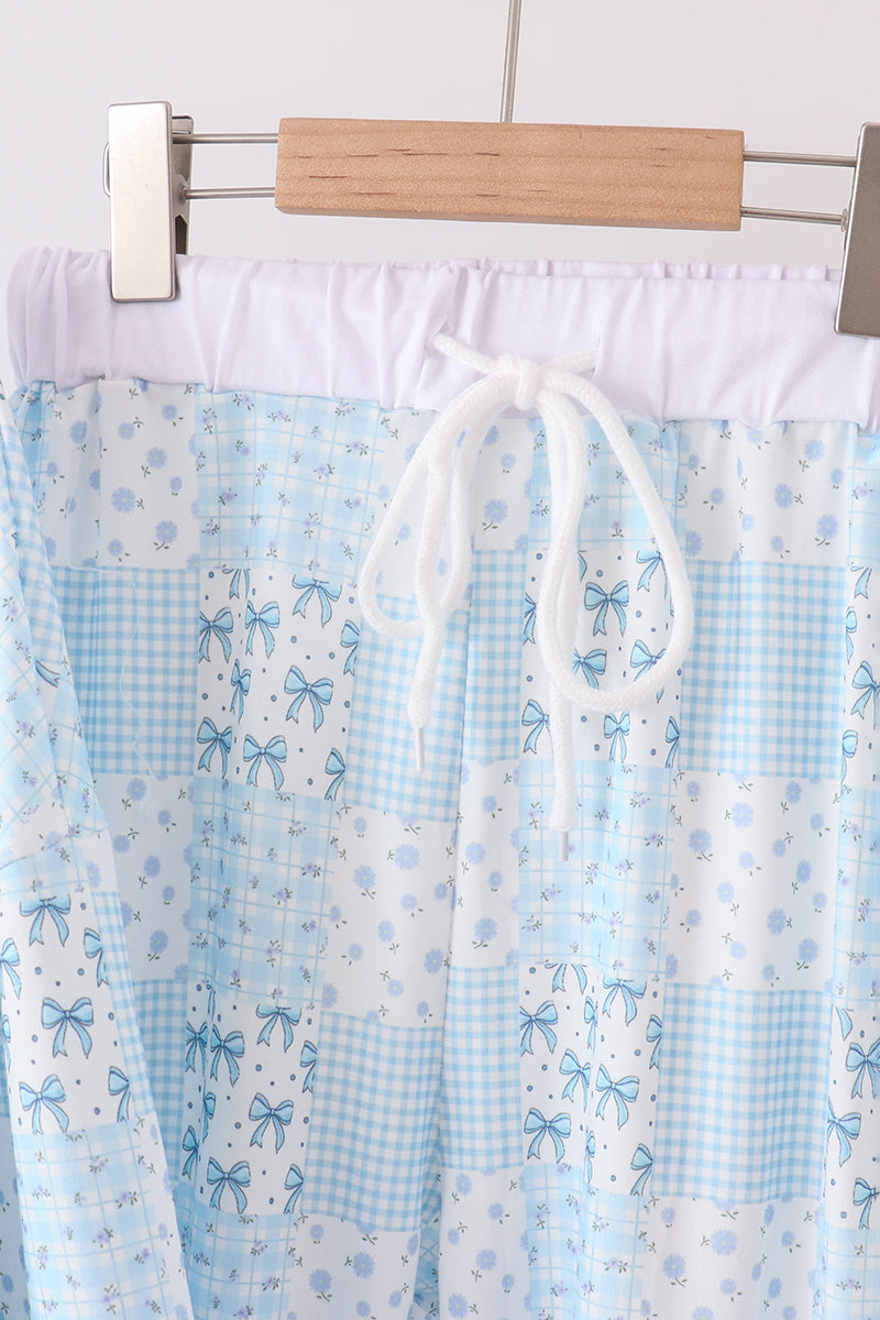 Blue floral bow checkered mom&me pants set - Aaria Tees Aaria Tees