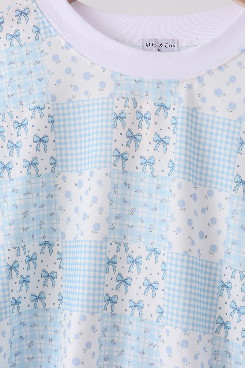 Blue floral bow checkered mom&me pants set - Aaria Tees Aaria Tees