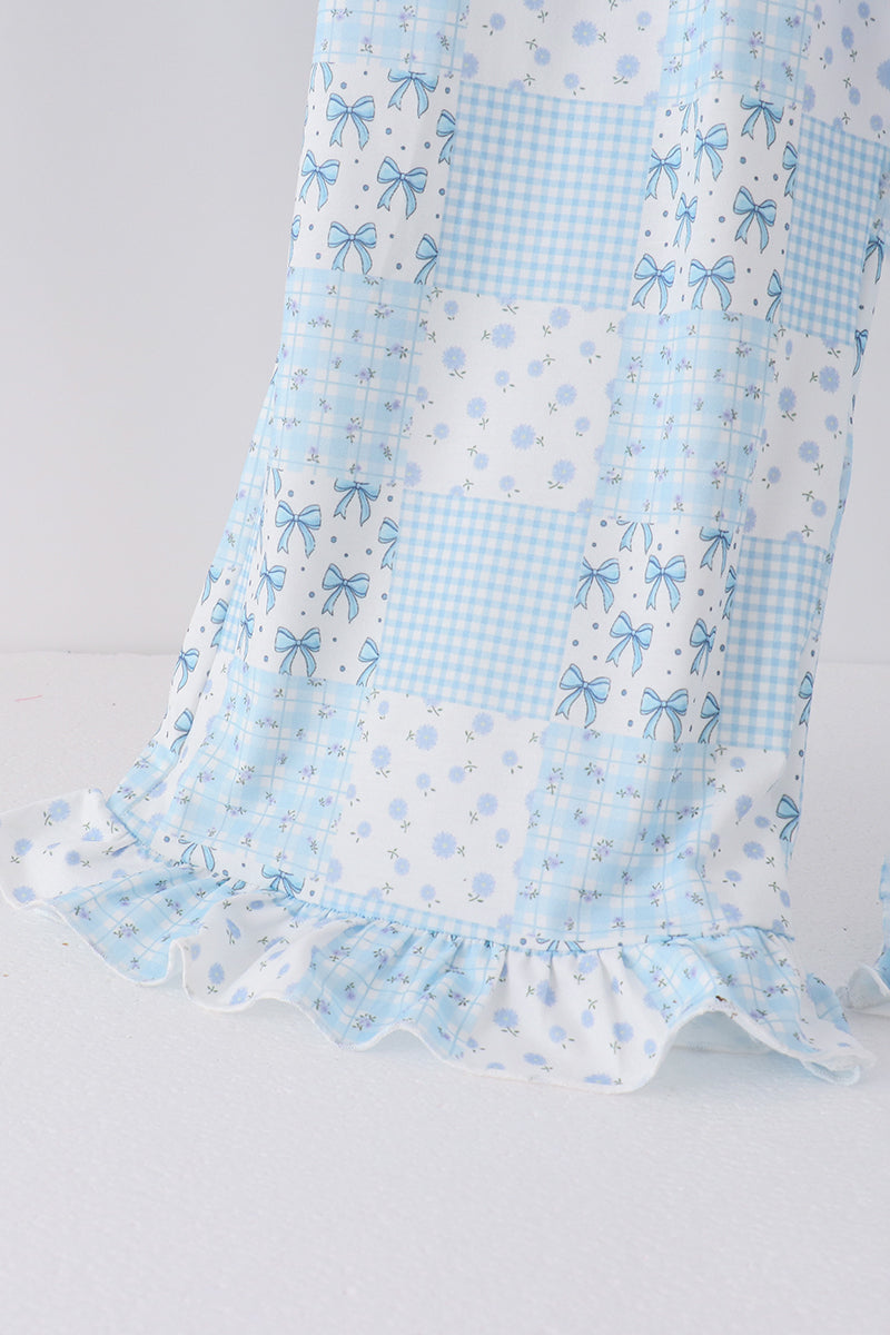 Blue floral bow checkered mom&me pants set - Aaria Tees Aaria Tees